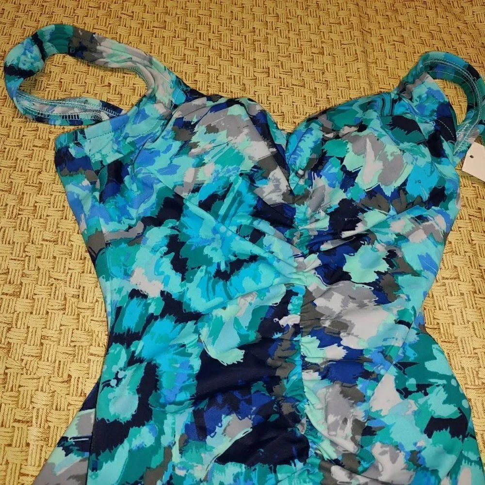 New Maxine Of Hollywood Instant Minimizer Teal Designed Bathing Suit Women's 8